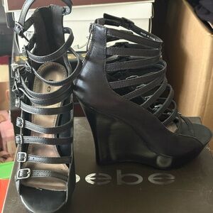 Bebe Black Multi-Strap Wedge Sandals